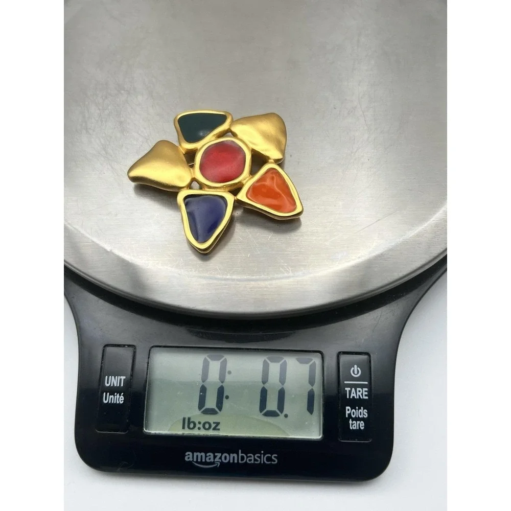 Anne Klein Vintage Enamel Star‎ Brooch Gold Tone Multi Color 2in Retro 90s